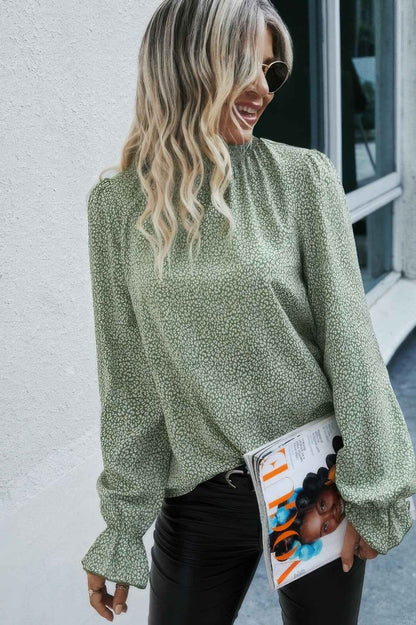 Allover Ruffle Shirred Neck Flounce Sleeve Blouse