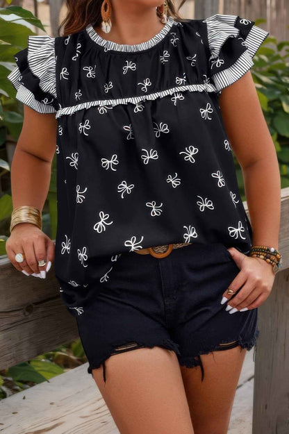 Plus Size Ruffle Hem Random Print Loose Shirt