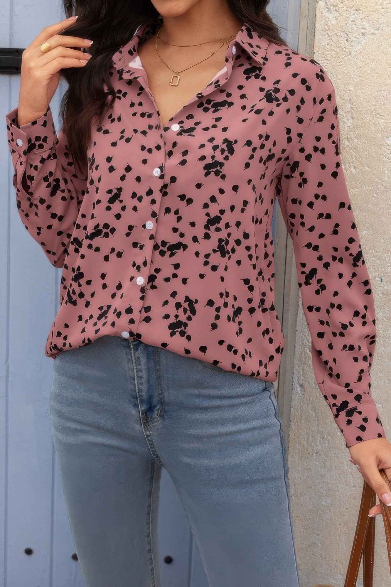 Allover Print V Neck Button Down Loose Blouse