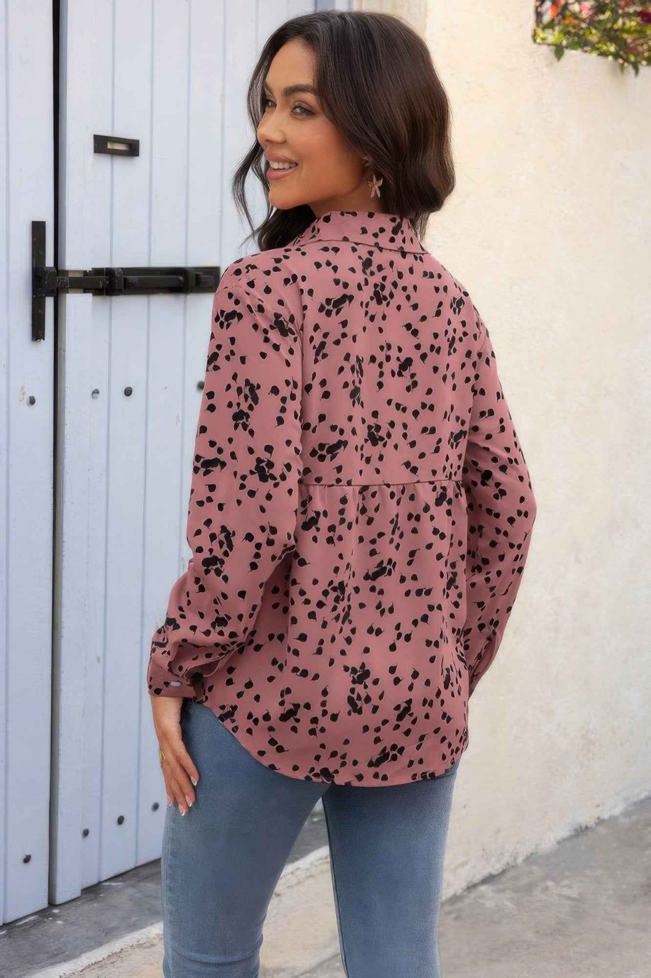 Allover Print V Neck Button Down Loose Blouse