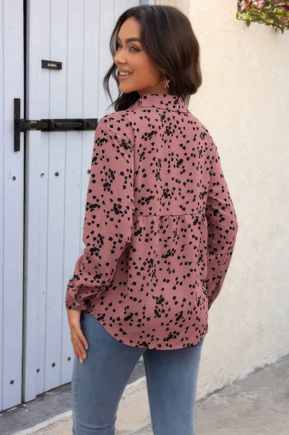 Allover Print V Neck Button Down Loose Blouse