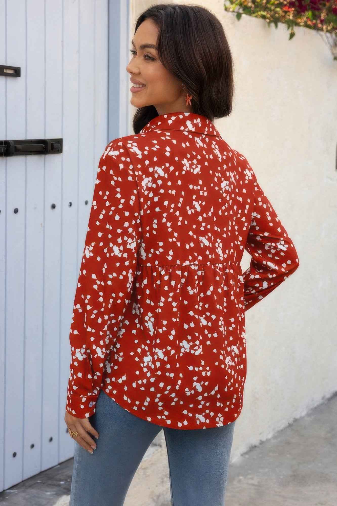 Allover Print V Neck Button Down Loose Blouse