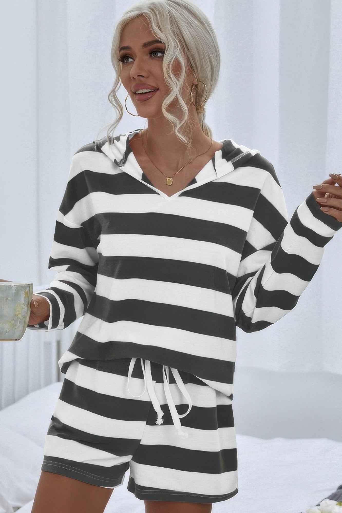 Two Pieces Striped Pajama Oversized Long Sleeves Set