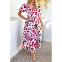 Robe midi à décolleté V manches bouffantes, imprimé floral rouge et violet