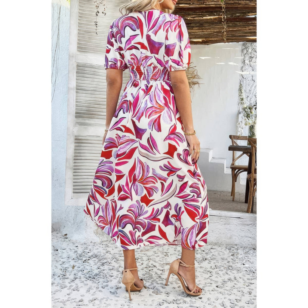 Robe midi à décolleté V imprimé floral rouge et violet, fente, manches bouffantes