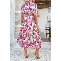 Robe midi à décolleté V imprimé floral rouge et violet, fente, manches bouffantes