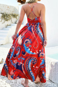 Robe longue dos croisé, bretelles fines, imprimé rouge et bleu