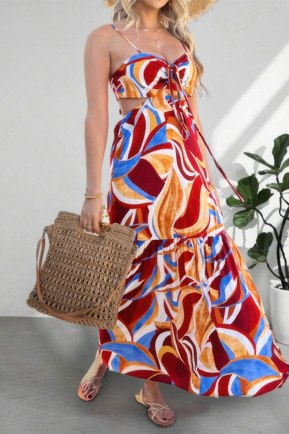 Robe longue sans manches froncée à nœud, motif abstrait rouge, bleu et jaune