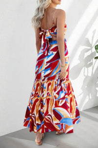 Robe longue sans manches à nœud devant, motif abstrait rouge, bleu et jaune, volantée