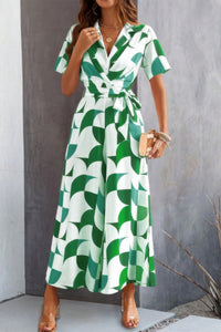 Combinaison longue à manches courtes, imprimé géométrique vert et blanc, ceinture à la taille