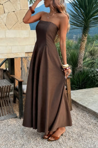 Robe longue bustier évasée, en tissu café, sans manches