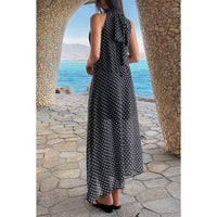 Robe longue en tulle noire à pois, encolure licou sans manches