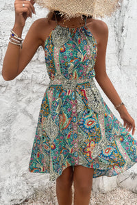 Robe sans manches à encolure halter, imprimé cachemire multicolore, jupe évasée