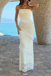 Robe maxi dentelle ivoire bustier sans bretelles, volants étagés sur la partie basse.