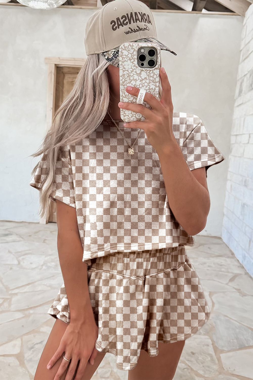 Ensemble deux pièces femme damier marron, T-shirt et jupe-short, manches courtes