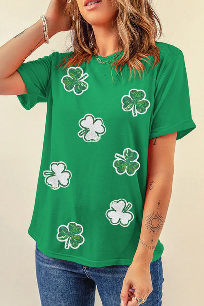 T-Shirt Femme Saint-Patrick Trèfle Sequins Vert Brillant - Oléna-Fashion