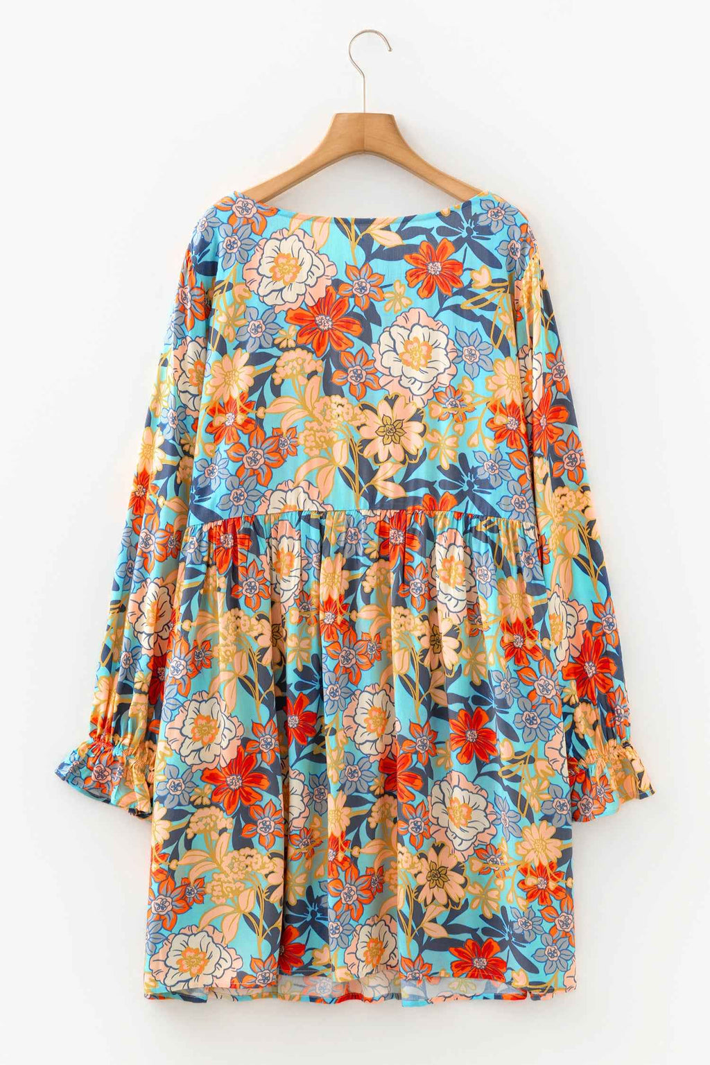 Robe mini bleue imprimé floral, manches longues à volants, volant à la taille