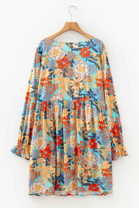 Robe mini bleue imprimé floral, manches longues à volants, volant à la taille
