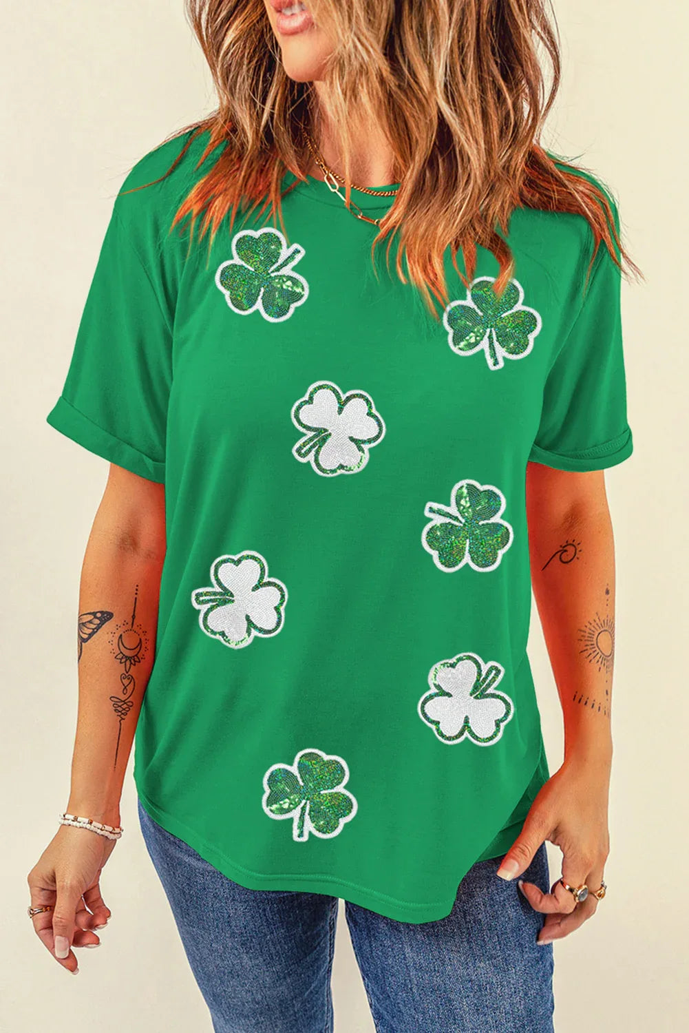 T-Shirt Femme Saint-Patrick Trèfle Sequins Vert Brillant - Oléna-Fashion