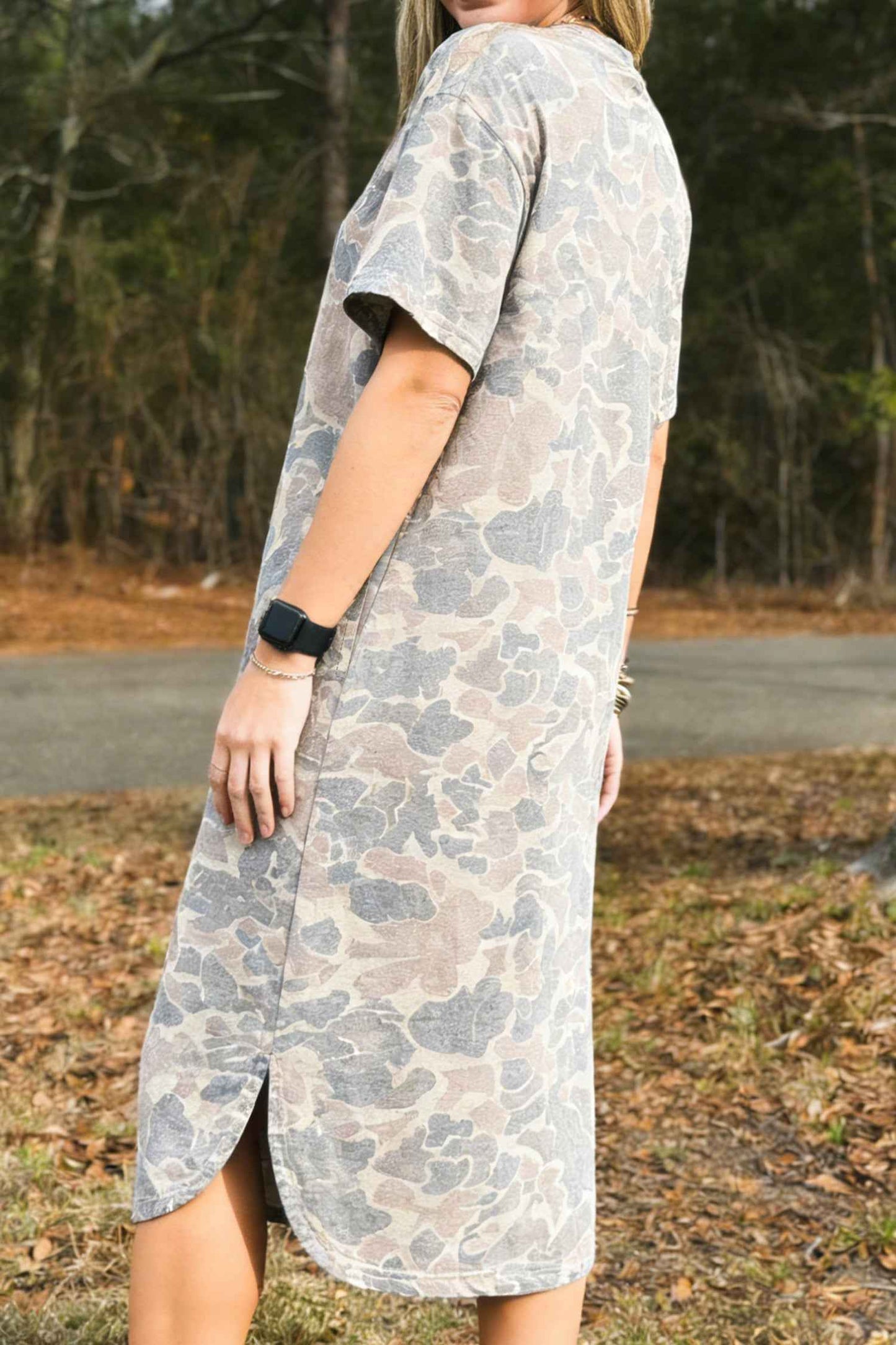 Robe décontractée imprimé camouflage femme – Manches courtes, fente latérale
