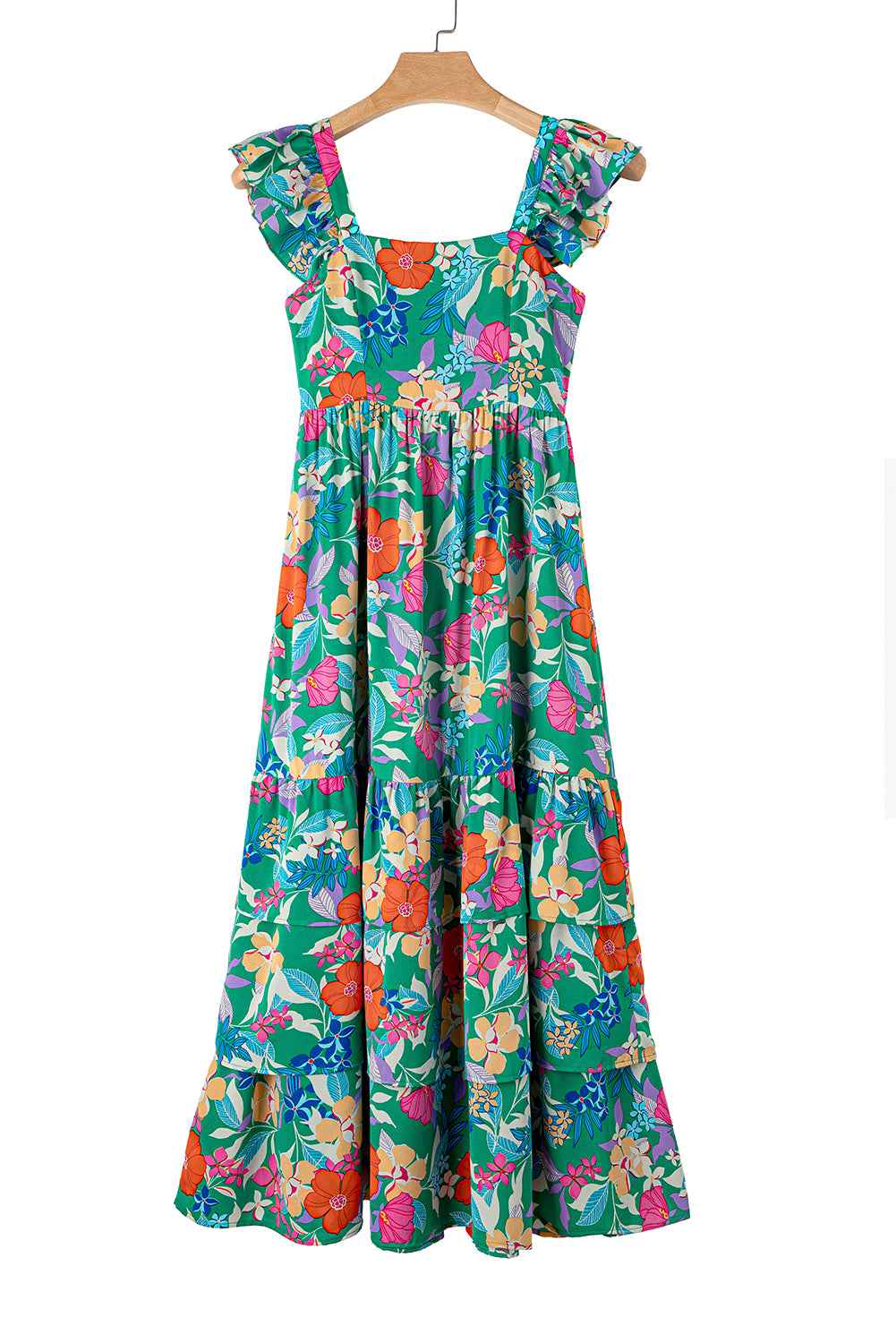 Robe longue florale verte multicolore sur cintre, encolure carrée et volants aux manches.
