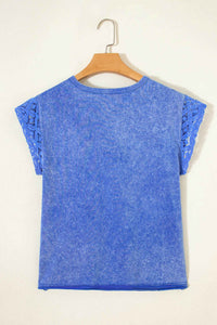 T-shirt femme bleu ciel en coton, dos uni, manches à dentelle et encolure ronde
