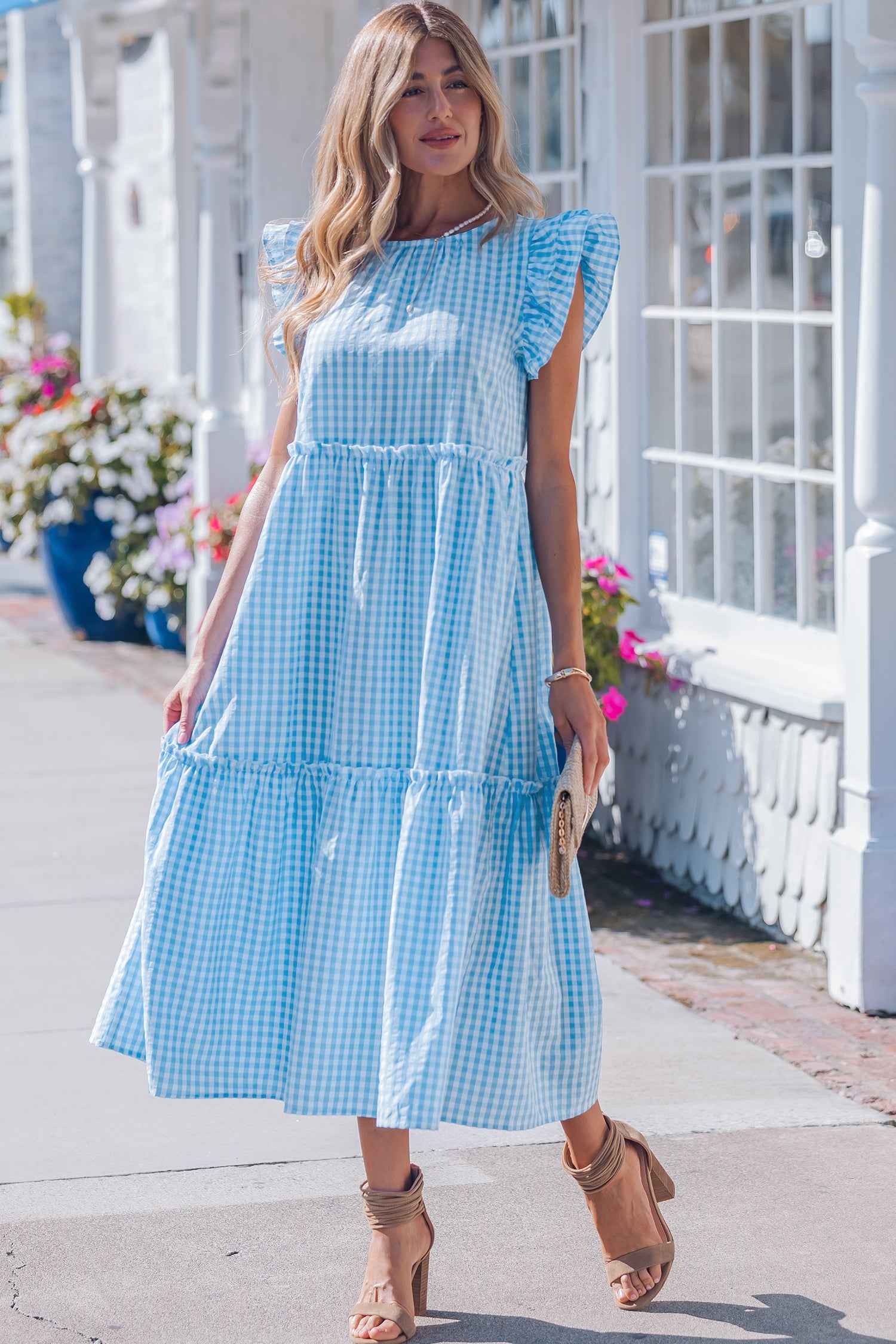 Robe longue vichy bleu ciel à volants, nœud dos, femme