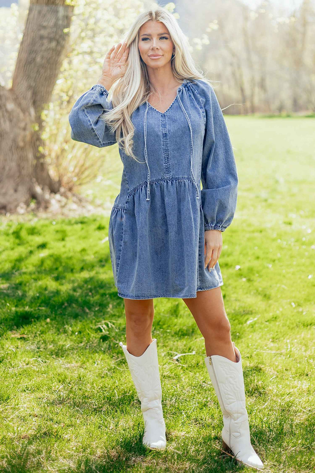 Robe en jean bleu denim pour femme, manches bouffantes et jupe courte évasée