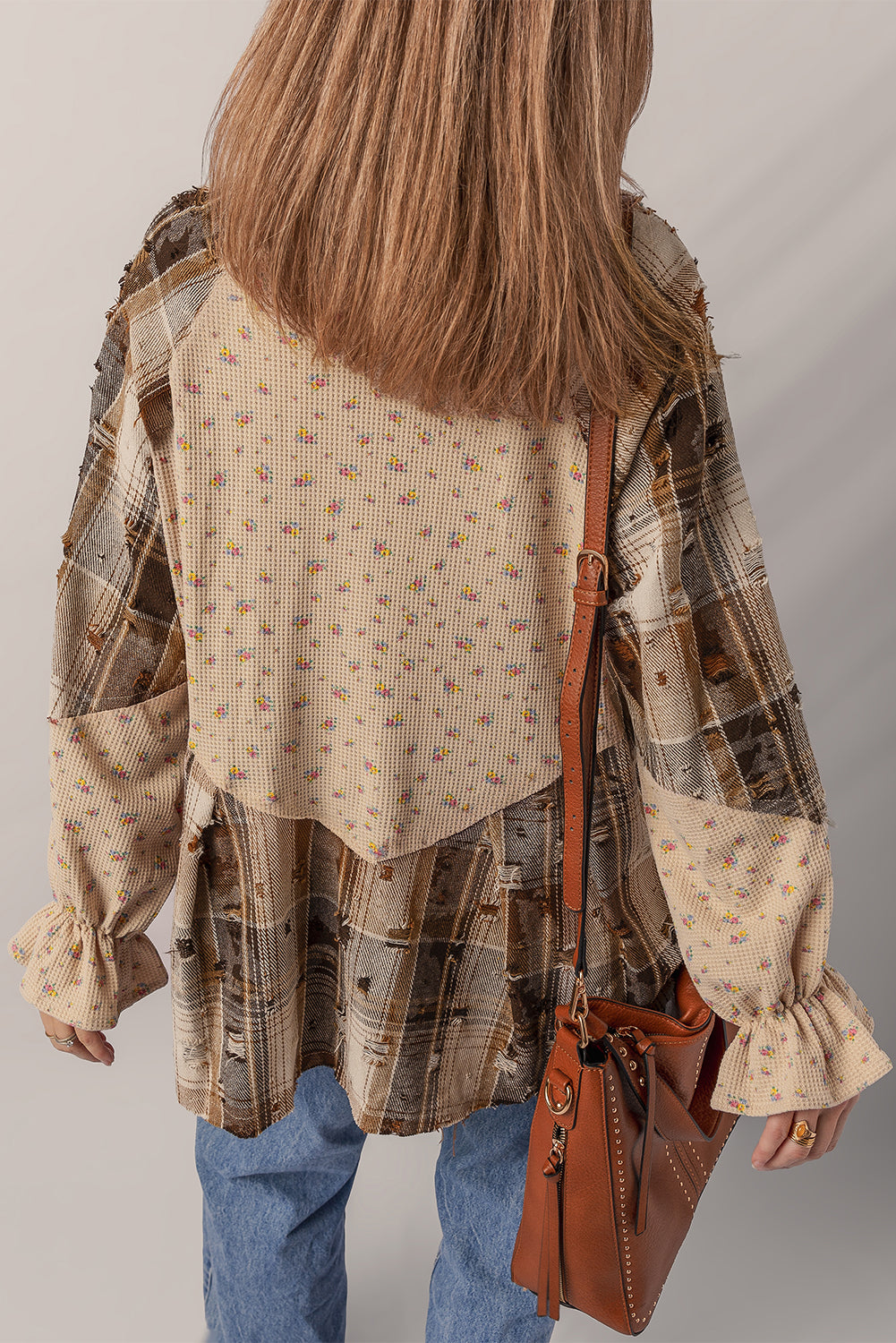 Shacket Boho Patchwork Carreaux et Fleurs à Manches Volantées
