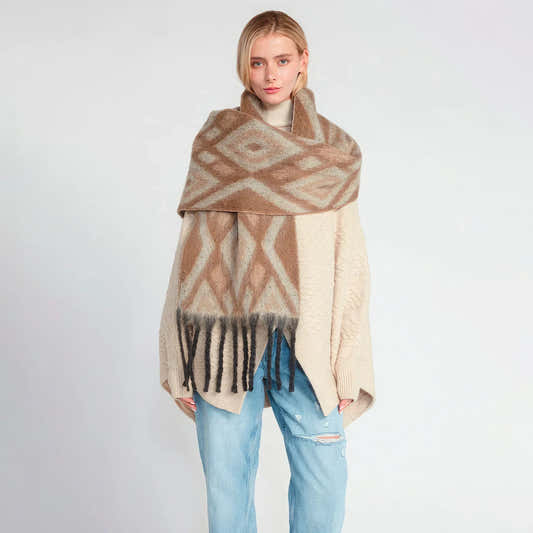 Écharpe grunge aztèque taupe à motif géométrique et franges