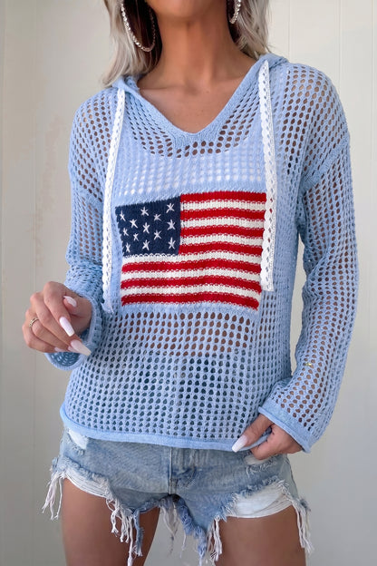 Pull Élégant en Crochet avec Drapeau Américain