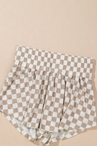 Jupe-short femme damier marron à volants, taille élastiquée