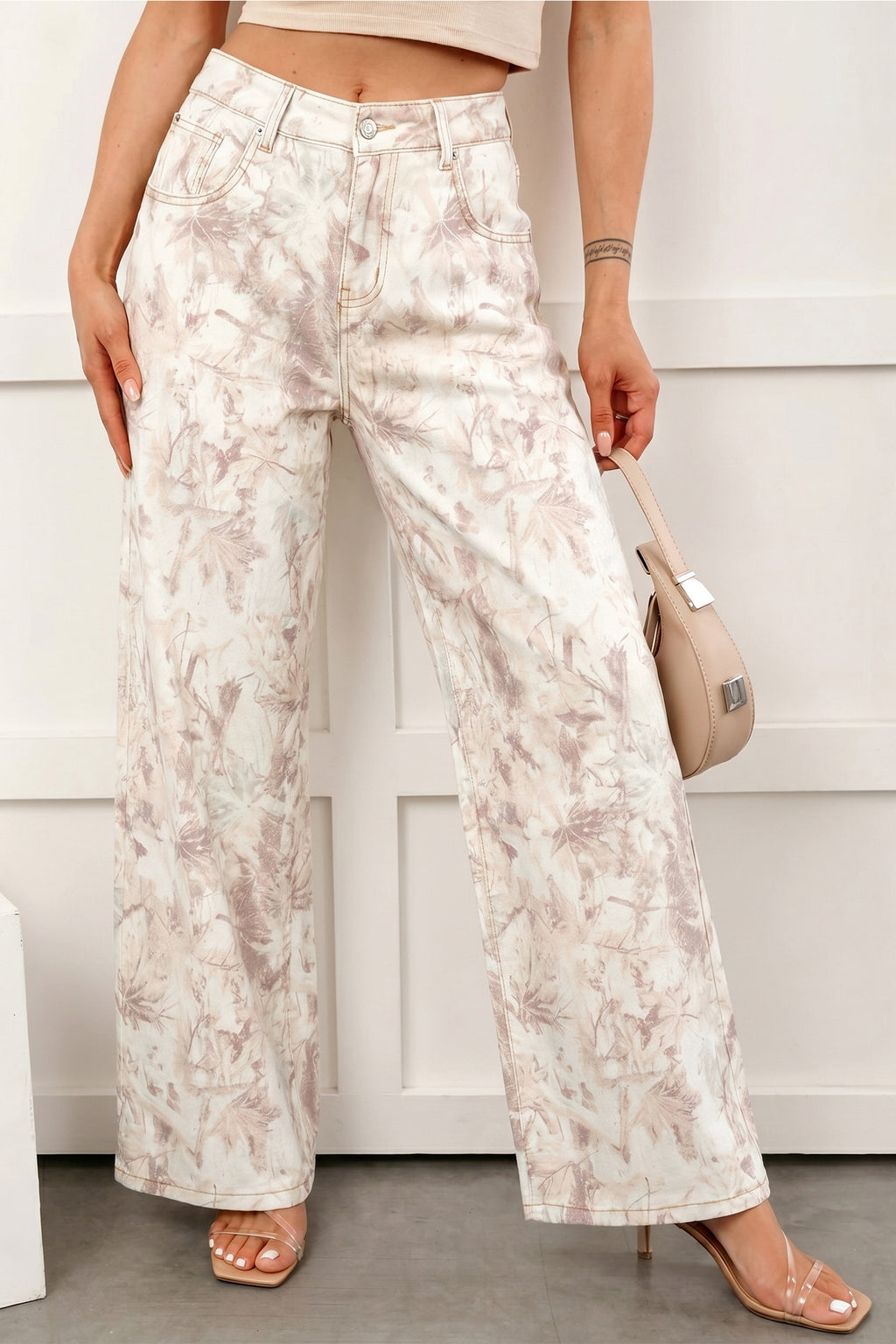 Pantalon en jean femme ample camouflage beige clair, braguette boutonnée et poches