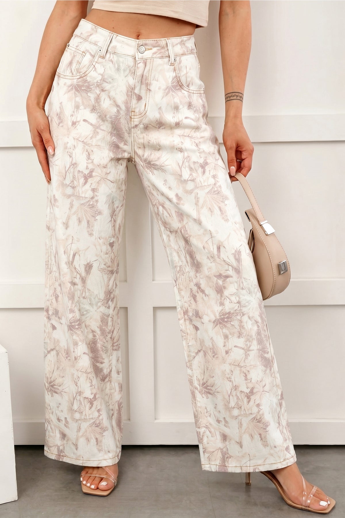 Pantalon en jean femme ample camouflage beige clair, braguette boutonnée et poches