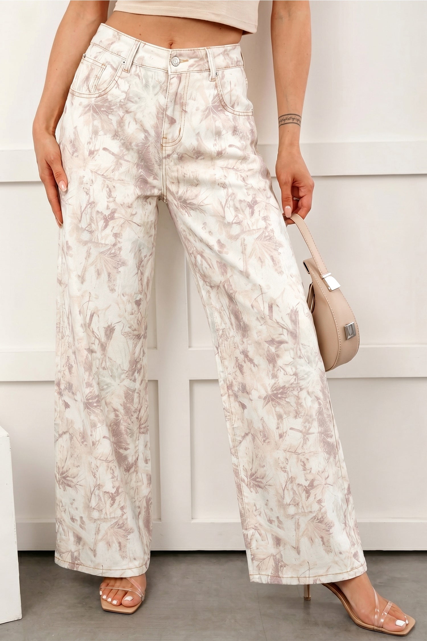 Pantalon en jean femme ample camouflage beige clair, braguette boutonnée et poches
