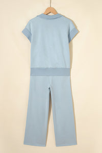 Ensemble détente femme polo manches courtes bleu ciel et pantalon large, vue dos