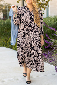 Robe maxi noire à manches longues, imprimé floral beige, coupe droite