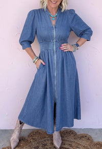 Robe Midi en Jean Bleu Col V Zipée à Taille Smockée