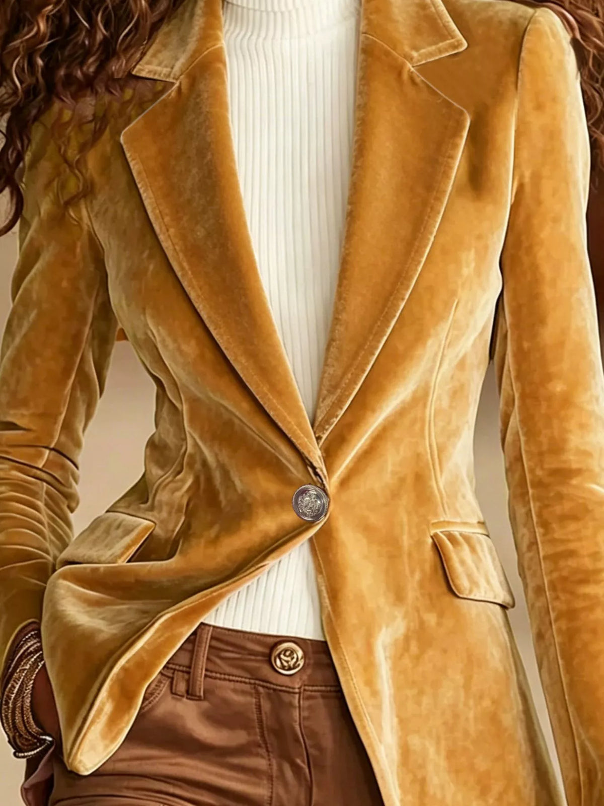 Blazer en velours à un bouton et doublé pour femme – vue 6