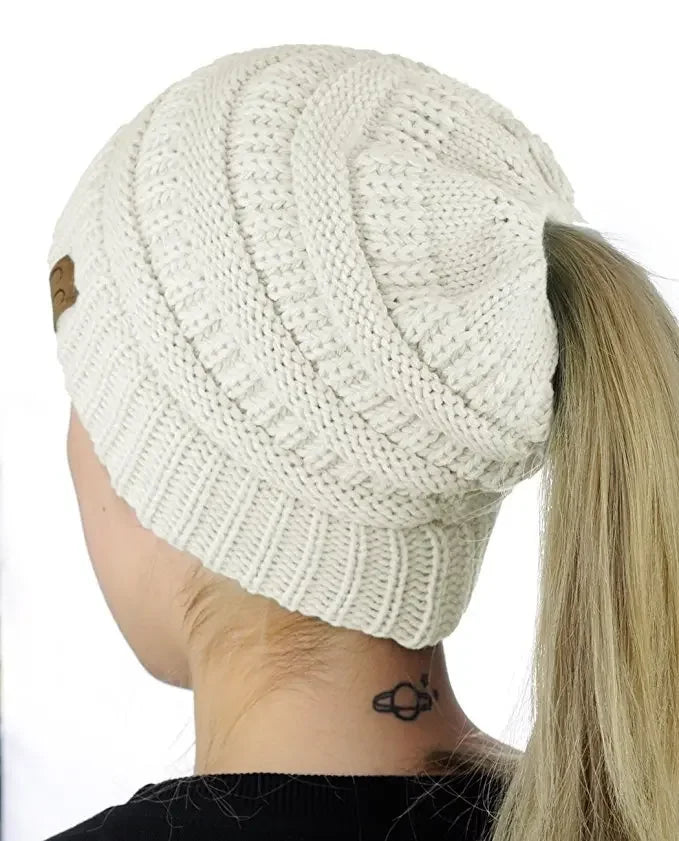 Bonnet queue de cheval femme en tricot extensible – vue 4