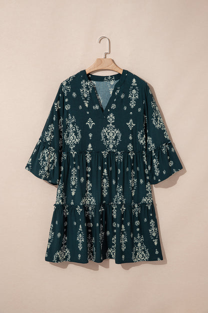 Robe Mini Florale Bohème Femme Manches 3/4 – Rouge, Bleu, Bleu Ciel