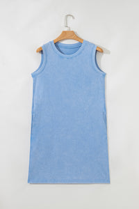 Robe mini sans manches bleue en coton, coupe simple, encolure ronde