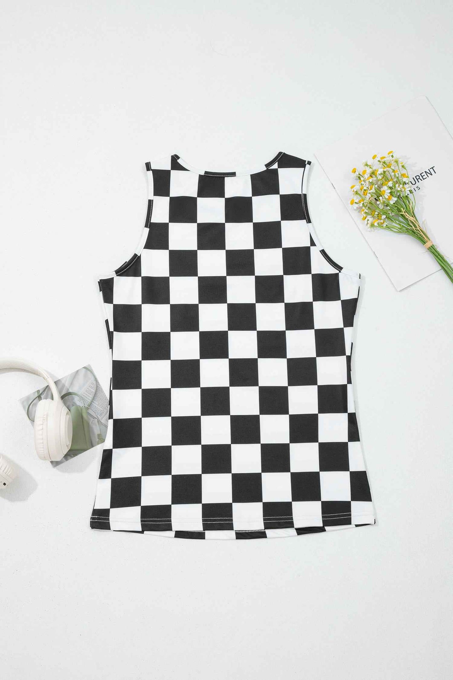 Débardeur Slim à Motif Damier Noir