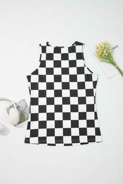 Débardeur Slim à Motif Damier Noir