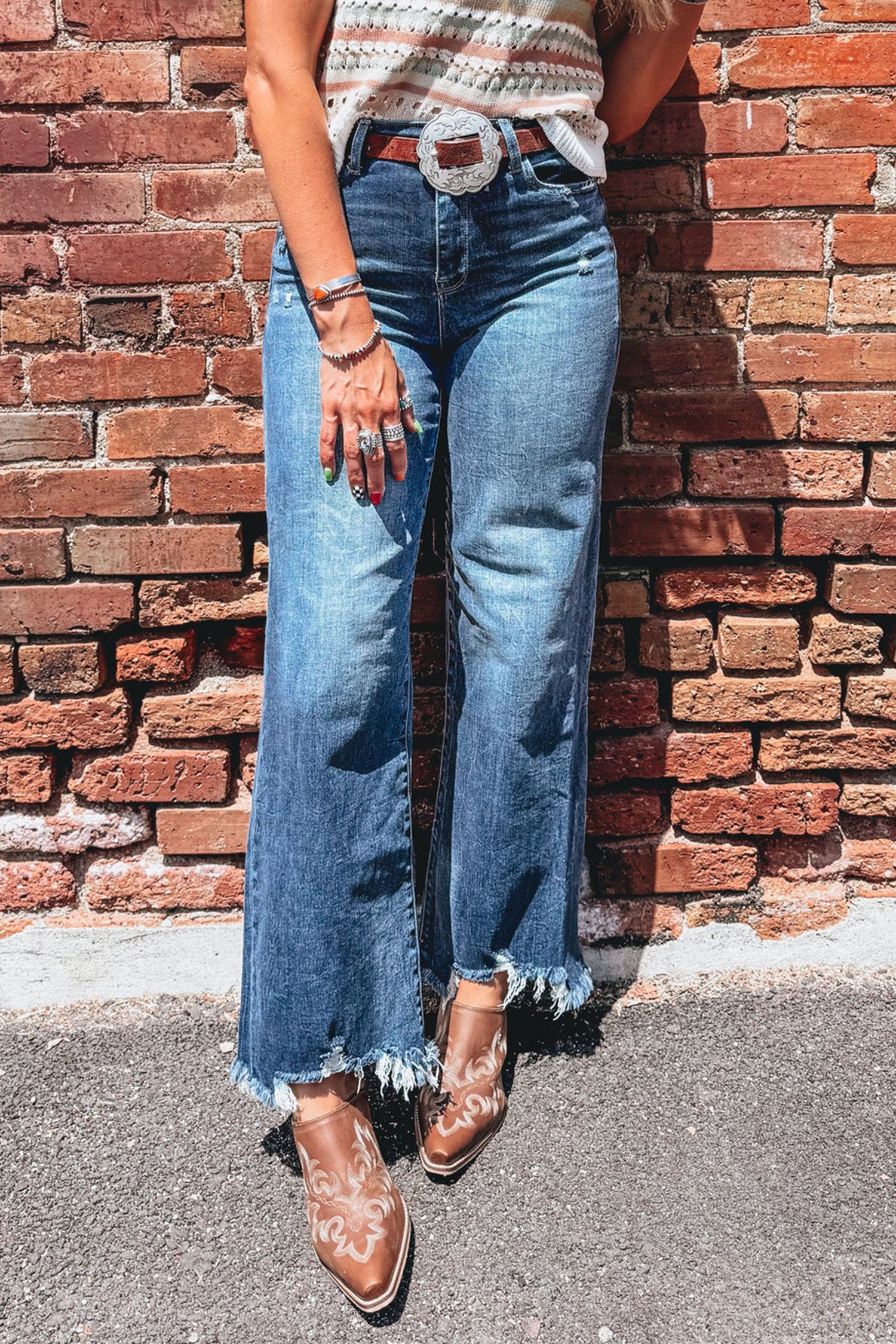 Jean Flare Taille Haute Bleu Moyen à Ourlet Effiloché