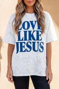 T-shirt gris clair imprimé bleu « LOVE LIKE JESUS » devant, col rond
