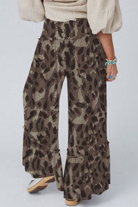 Pantalon ample camouflage marron, taille élastique, jambes larges et bas volantés