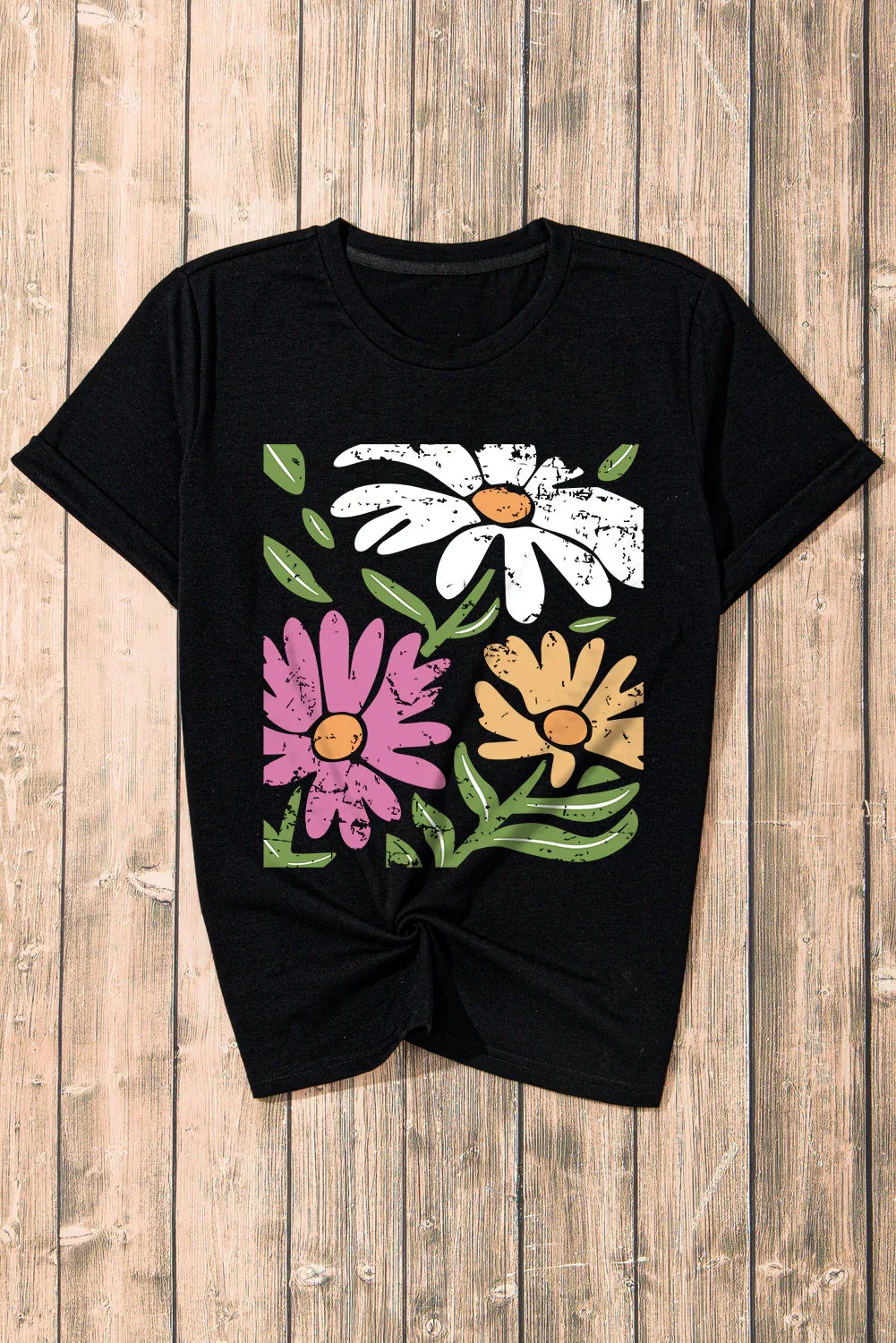T-Shirt Femme Noir Imprimé Floral Rétro Col Rond Décontracté - Oléna-Fashion