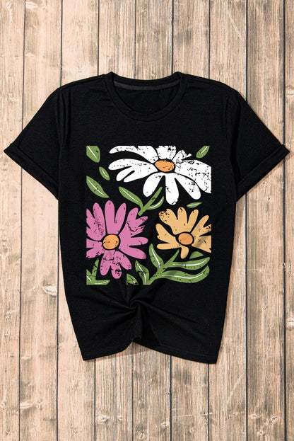 T-Shirt Femme Noir Imprimé Floral Rétro Col Rond Décontracté - Oléna-Fashion
