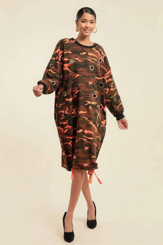 Camouflage Printed Midi Dress With Rings - Premium  - Shop now at Oléna-Fashion